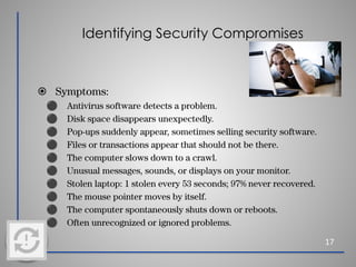 Identifying Security Compromises
17
⦿ Symptoms:
⚫ Antivirus software detects a problem.
⚫ Disk space disappears unexpectedly.
⚫ Pop-ups suddenly appear, sometimes selling security software.
⚫ Files or transactions appear that should not be there.
⚫ The computer slows down to a crawl.
⚫ Unusual messages, sounds, or displays on your monitor.
⚫ Stolen laptop: 1 stolen every 53 seconds; 97% never recovered.
⚫ The mouse pointer moves by itself.
⚫ The computer spontaneously shuts down or reboots.
⚫ Often unrecognized or ignored problems.
 