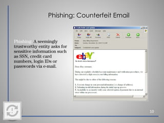 Phishing: Counterfeit Email
10
Phishing: A seemingly
trustworthy entity asks for
sensitive information such
as SSN, credit card
numbers, login IDs or
passwords via e-mail.
 