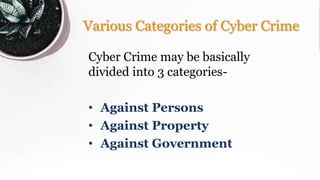 Various Categories of Cyber Crime
Cyber Crime may be basically
divided into 3 categories-
• Against Persons
• Against Property
• Against Government
 