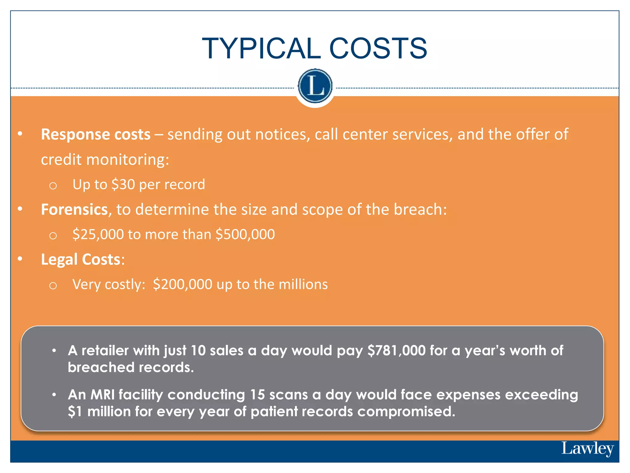 TYPICAL COSTS
• Response costs – sending out notices, call center services, and the offer of
credit monitoring:
o Up to $30 per record
• Forensics, to determine the size and scope of the breach:
o $25,000 to more than $500,000
• Legal Costs:
o Very costly: $200,000 up to the millions
• A retailer with just 10 sales a day would pay $781,000 for a year’s worth of
breached records.
• An MRI facility conducting 15 scans a day would face expenses exceeding
$1 million for every year of patient records compromised.
 