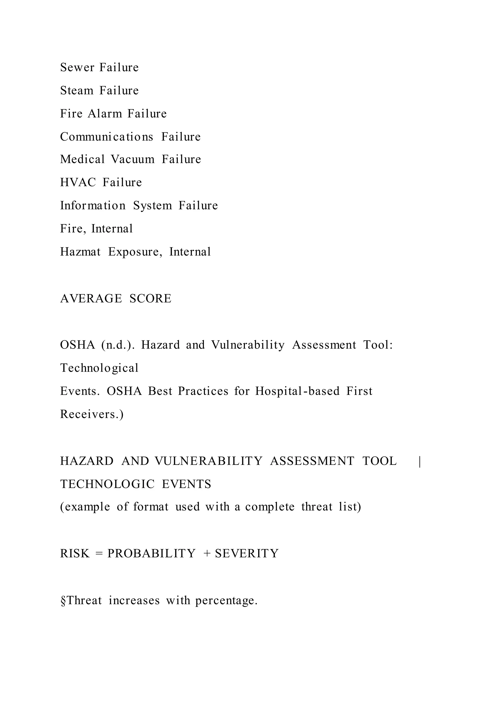 Sewer Failure
Steam Failure
Fire Alarm Failure
Communications Failure
Medical Vacuum Failure
HVAC Failure
Information System Failure
Fire, Internal
Hazmat Exposure, Internal
AVERAGE SCORE
OSHA (n.d.). Hazard and Vulnerability Assessment Tool:
Technological
Events. OSHA Best Practices for Hospital-based First
Receivers.)
HAZARD AND VULNERABILITY ASSESSMENT TOOL |
TECHNOLOGIC EVENTS
(example of format used with a complete threat list)
RISK = PROBABILITY + SEVERITY
§Threat increases with percentage.
 