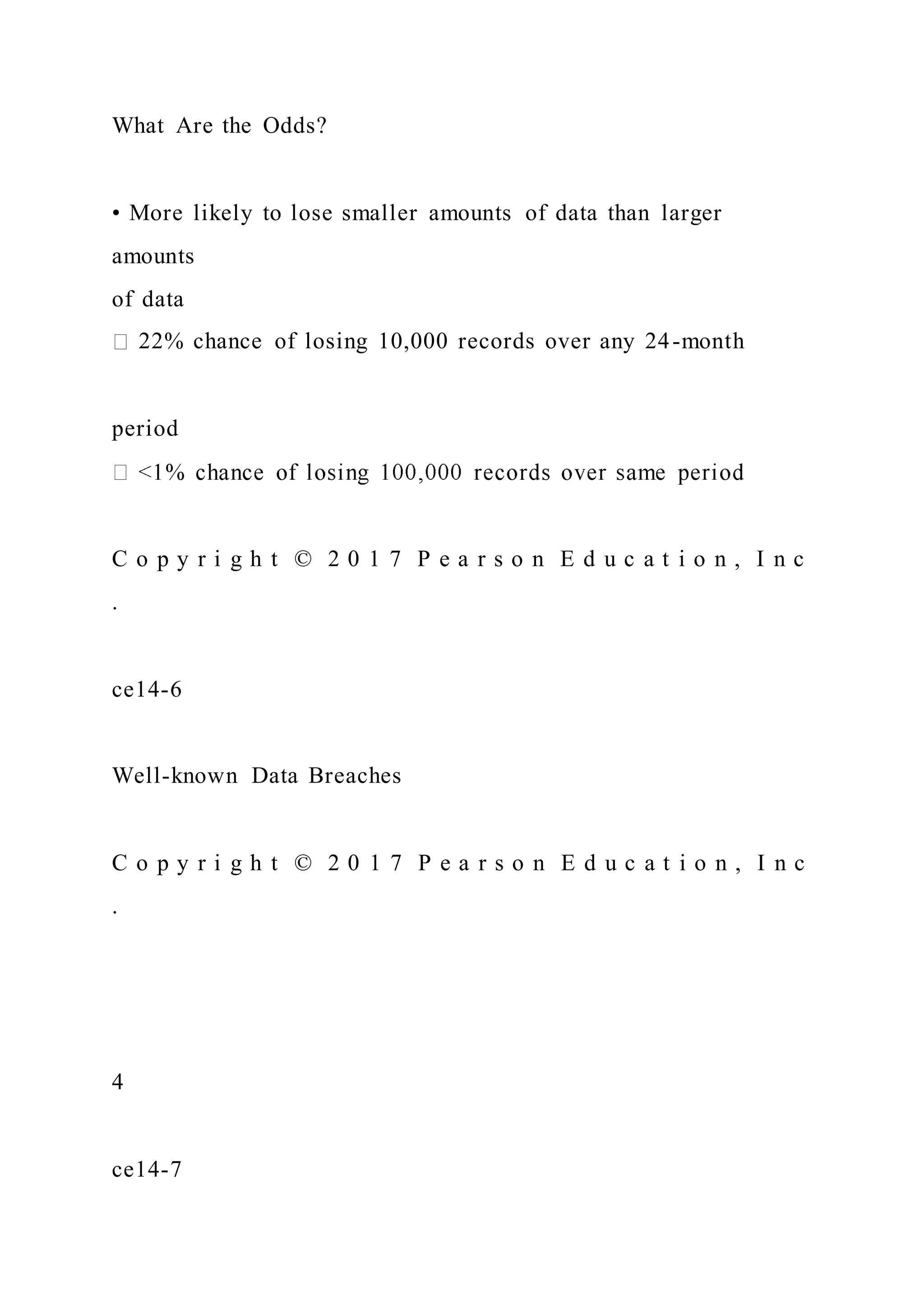 What Are the Odds?
• More likely to lose smaller amounts of data than larger
amounts
of data
22% chance of losing 10,000 records over any 24-month
period
C o p y r i g h t © 2 0 1 7 P e a r s o n E d u c a t i o n , I n c
.
ce14-6
Well-known Data Breaches
C o p y r i g h t © 2 0 1 7 P e a r s o n E d u c a t i o n , I n c
.
4
ce14-7
 