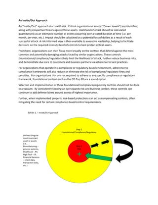 An Inside/Out Approach
An “Inside/Out” approach starts with risk. Critical organizational assets (“Crown Jewels”) are identified,
along with prospective threats against those assets. Likelihood of attack should be calculated
quantitatively as an estimated number of events occurring over a stated duration of time (i.e. per
month, per year, etc.). Impact should be calculated as a potential loss of dollars as a result of each
successful attack. A risk informed view is then available to executive leadership, helping to facilitate
decisions on the required intensity level of controls to best protect critical assets.
From here, organizations can then focus more broadly on the controls that defend against the most
common and potentially damaging attacks faced by similar organizations. These controls
(foundational/compliance/regulatory) help limit the likelihood of attack, further reduce business risks,
and demonstrate due care to customers and business partners via adherence to best practices.
For organizations that operate in a compliance or regulatory based environment, adherence to
compliance frameworks will also reduce or eliminate the risk of compliance/regulatory fines and
penalties. For organizations that are not required to adhere to any specific compliance or regulatory
framework, foundational controls such as the CIS Top 20 are a sound option.
Selection and implementation of these foundational/compliance/regulatory controls should not be done
in a vacuum. By consistently keeping an eye towards risk and business context, these controls can
continue to add defense layers around assets of highest importance.
Further, when implemented properly, risk-based protections can act as compensating controls, often
mitigating the need for certain compliance-based control requirements.
Exhibit 2. – Inside/Out Approach
 