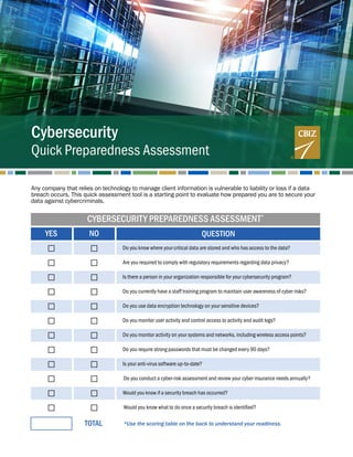 Cybersecurity
Quick Preparedness Assessment
CYBERSECURITY PREPAREDNESS ASSESSMENT*
YES NO
Do you know where your critical data are stored and who has access to the data?
Are you required to comply with regulatory requirements regarding data privacy?
Is there a person in your organization responsible for your cybersecurity program?
Do you currently have a staff training program to maintain user awareness of cyber risks?
Do you use data encryption technology on your sensitive devices?
Do you monitor user activity and control access to activity and audit logs?
Do you monitor activity on your systems and networks, including wireless access points?
Do you require strong passwords that must be changed every 90 days?
Is your anti-virus software up-to-date?
Do you conduct a cyber-risk assessment and review your cyber insurance needs annually?
Would you know if a security breach has occurred?
Would you know what to do once a security breach is identified?
QUESTION
Any company that relies on technology to manage client information is vulnerable to liability or loss if a data
breach occurs. This quick assessment tool is a starting point to evaluate how prepared you are to secure your
data against cybercriminals.
TOTAL *Use the scoring table on the back to understand your readiness.
 