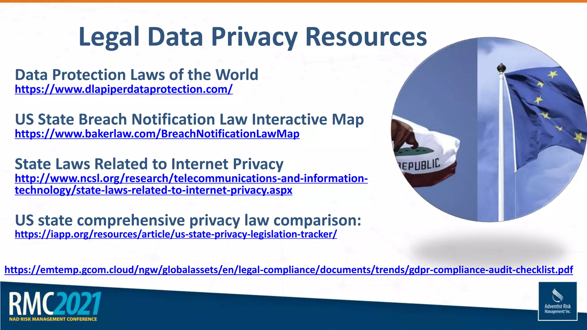 Legal Data Privacy Resources
Data Protection Laws of the World
https://www.dlapiperdataprotection.com/
US State Breach Notification Law Interactive Map
https://www.bakerlaw.com/BreachNotificationLawMap
State Laws Related to Internet Privacy
http://www.ncsl.org/research/telecommunications-and-information-
technology/state-laws-related-to-internet-privacy.aspx
US state comprehensive privacy law comparison:
https://iapp.org/resources/article/us-state-privacy-legislation-tracker/
https://emtemp.gcom.cloud/ngw/globalassets/en/legal-compliance/documents/trends/gdpr-compliance-audit-checklist.pdf
 