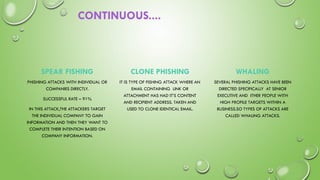 CONTINUOUS....
SPEAR FISHING
PHISHING ATTACKS WITH INDIVIDUAL OR
COMPANIES DIRECTLY.
SUCCESSFUL RATE – 91%
IN THIS ATTACK,THE ATTACKERS TARGET
THE INDIVIDUAL COMPANY TO GAIN
INFORMATION AND THEN THEY WANT TO
COMPLETE THEIR INTENTION BASED ON
COMPANY INFORMATION.
CLONE PHISHING
IT IS TYPE OF FISHING ATTACK WHERE AN
EMAIL CONTAINING LINK OR
ATTACHMENT HAS HAD IT’S CONTENT
AND RECIPIENT ADDRESS. TAKEN AND
USED TO CLONE IDENTICAL EMAIL.
WHALING
SEVERAL PHISHING ATTACKS HAVE BEEN
DIRECTED SPECIFICALLY AT SENIOR
EXECUTIVE AND ITHER PEOPLE WITH
HIGH PROFILE TARGETS WITHIN A
BUSINESS.SO TYPES OF ATTACKS ARE
CALLED WHALING ATTACKS.
 