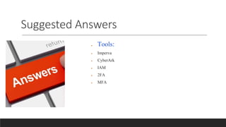 Suggested Answers
 Tools:
 Imperva
 CyberArk
 IAM
 2FA
 MFA
 