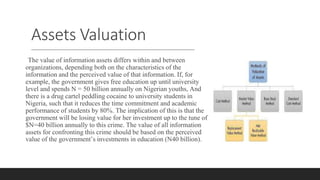 Assets Valuation
The value of information assets differs within and between
organizations, depending both on the characteristics of the
information and the perceived value of that information. If, for
example, the government gives free education up until university
level and spends N = 50 billion annually on Nigerian youths, And
there is a drug cartel peddling cocaine to university students in
Nigeria, such that it reduces the time commitment and academic
performance of students by 80%. The implication of this is that the
government will be losing value for her investment up to the tune of
$N=40 billion annually to this crime. The value of all information
assets for confronting this crime should be based on the perceived
value of the government’s investments in education (N40 billion).
 