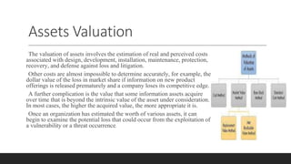 Assets Valuation
The valuation of assets involves the estimation of real and perceived costs
associated with design, development, installation, maintenance, protection,
recovery, and defense against loss and litigation.
Other costs are almost impossible to determine accurately, for example, the
dollar value of the loss in market share if information on new product
offerings is released prematurely and a company loses its competitive edge.
A further complication is the value that some information assets acquire
over time that is beyond the intrinsic value of the asset under consideration.
In most cases, the higher the acquired value, the more appropriate it is.
Once an organization has estimated the worth of various assets, it can
begin to examine the potential loss that could occur from the exploitation of
a vulnerability or a threat occurrence.
 