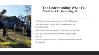 The Understanding What You
Need as a Criminologist
• Information is like an asset, e.g., a wife, husband, car.
• You must protect it from theft or unauthorized use
(confidentiality).
• You must ensure that anytime you need it, it is available.
• You must ensure that there is fidelity in your usage
(integrity).
• Where it otherwise occurs, it becomes a crime that must be
investigated.
 