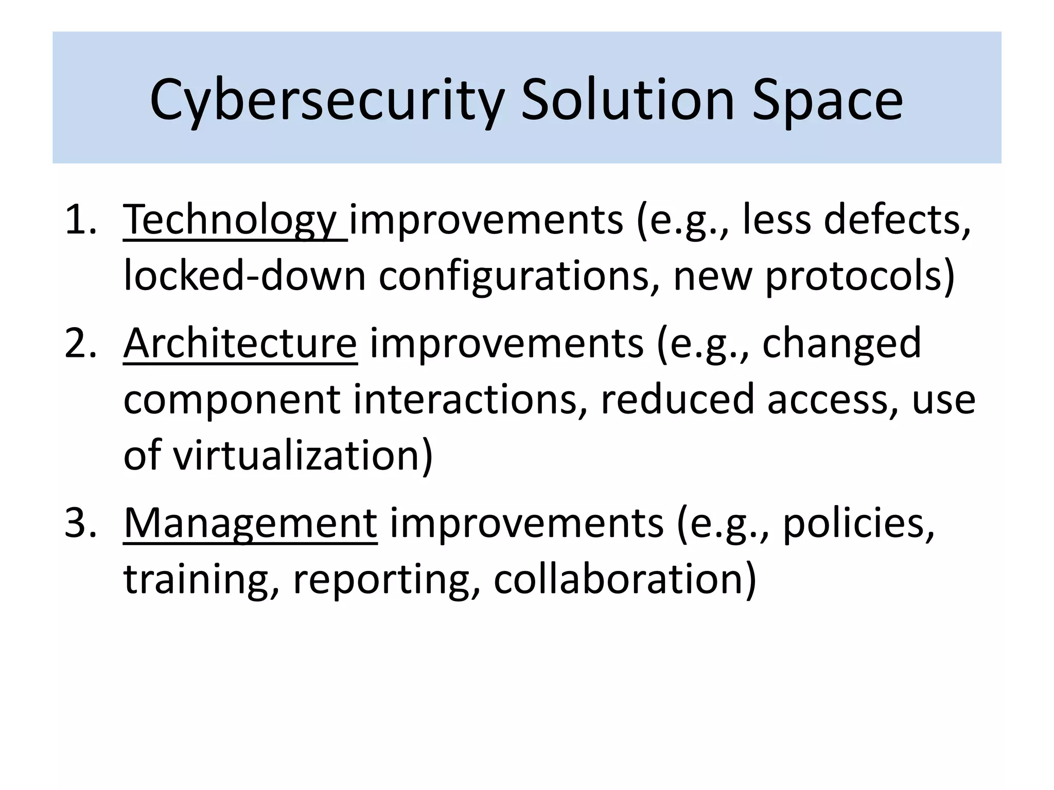 Cybersecurity Solution Space
1. Technology improvements (e.g., less defects,
locked-down configurations, new protocols)
2. Architecture improvements (e.g., changed
component interactions, reduced access, use
of virtualization)
3. Management improvements (e.g., policies,
training, reporting, collaboration)
 