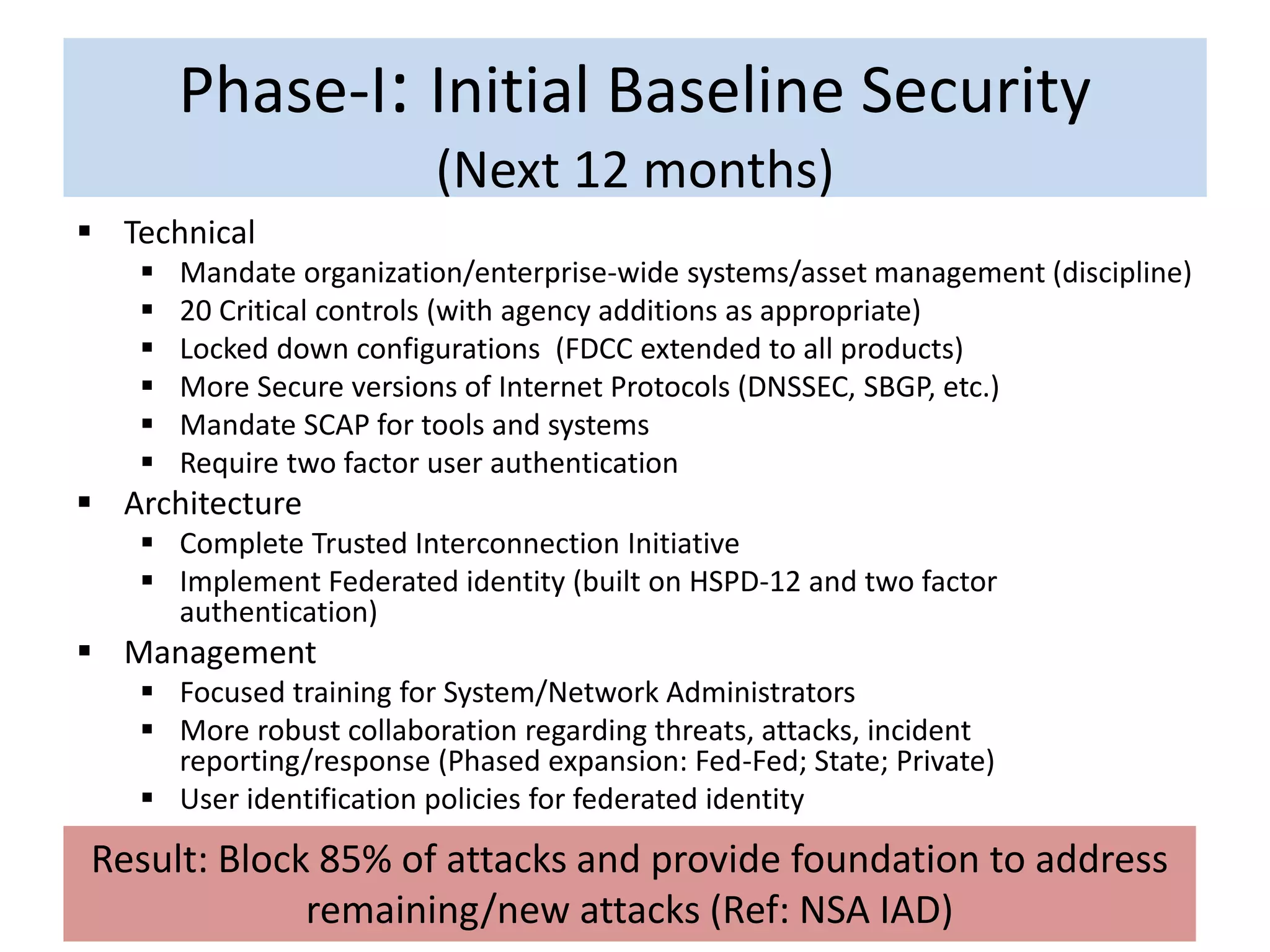 Phase-I: Initial Baseline Security
(Next 12 months)
 Technical
 Mandate organization/enterprise-wide systems/asset management (discipline)
 20 Critical controls (with agency additions as appropriate)
 Locked down configurations (FDCC extended to all products)
 More Secure versions of Internet Protocols (DNSSEC, SBGP, etc.)
 Mandate SCAP for tools and systems
 Require two factor user authentication
 Architecture
 Complete Trusted Interconnection Initiative
 Implement Federated identity (built on HSPD-12 and two factor
authentication)
 Management
 Focused training for System/Network Administrators
 More robust collaboration regarding threats, attacks, incident
reporting/response (Phased expansion: Fed-Fed; State; Private)
 User identification policies for federated identity
Result: Block 85% of attacks and provide foundation to address
remaining/new attacks (Ref: NSA IAD)
 