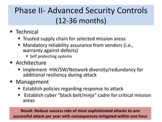 Phase II- Advanced Security Controls
(12-36 months)
 Technical
 Trusted supply chain for selected mission areas
 Mandatory reliability assurance from vendors (i.e.,
warranty against defects)
 Self protecting systems
 Architecture
 Implement HW/SW/Network diversity/redundancy for
additional resiliency during attack
 Management
 Establish policies regarding response to attack
 Establish cyber “black belt/ninja” cadre for critical mission
areas
Result: Reduce success rate of most sophisticated attacks to one
successful attack per year with consequences mitigated within one hour
 