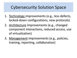 Cybersecurity Solution Space
1. Technology improvements (e.g., less defects,
locked-down configurations, new protocols)
2. Architecture improvements (e.g., changed
component interactions, reduced access, use
of virtualization)
3. Management improvements (e.g., policies,
training, reporting, collaboration)
 
