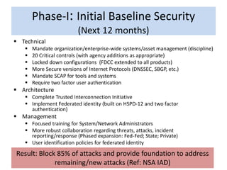 Phase-I: Initial Baseline Security
(Next 12 months)
 Technical
 Mandate organization/enterprise-wide systems/asset management (discipline)
 20 Critical controls (with agency additions as appropriate)
 Locked down configurations (FDCC extended to all products)
 More Secure versions of Internet Protocols (DNSSEC, SBGP, etc.)
 Mandate SCAP for tools and systems
 Require two factor user authentication
 Architecture
 Complete Trusted Interconnection Initiative
 Implement Federated identity (built on HSPD-12 and two factor
authentication)
 Management
 Focused training for System/Network Administrators
 More robust collaboration regarding threats, attacks, incident
reporting/response (Phased expansion: Fed-Fed; State; Private)
 User identification policies for federated identity
Result: Block 85% of attacks and provide foundation to address
remaining/new attacks (Ref: NSA IAD)
 