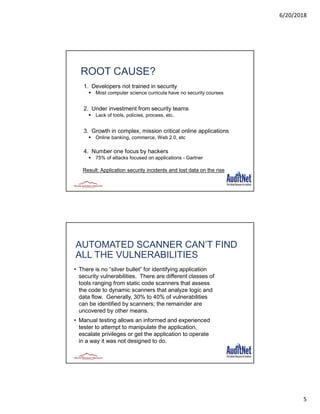 6/20/2018
5
ROOT CAUSE?
1. Developers not trained in security
 Most computer science curricula have no security courses
2. Under investment from security teams
 Lack of tools, policies, process, etc.
3. Growth in complex, mission critical online applications
 Online banking, commerce, Web 2.0, etc
4. Number one focus by hackers
 75% of attacks focused on applications - Gartner
Result: Application security incidents and lost data on the rise
AUTOMATED SCANNER CAN’T FIND
ALL THE VULNERABILITIES
• There is no “silver bullet” for identifying application
security vulnerabilities. There are different classes of
tools ranging from static code scanners that assess
the code to dynamic scanners that analyze logic and
data flow. Generally, 30% to 40% of vulnerabilities
can be identified by scanners; the remainder are
uncovered by other means.
• Manual testing allows an informed and experienced
tester to attempt to manipulate the application,
escalate privileges or get the application to operate
in a way it was not designed to do.
10
 