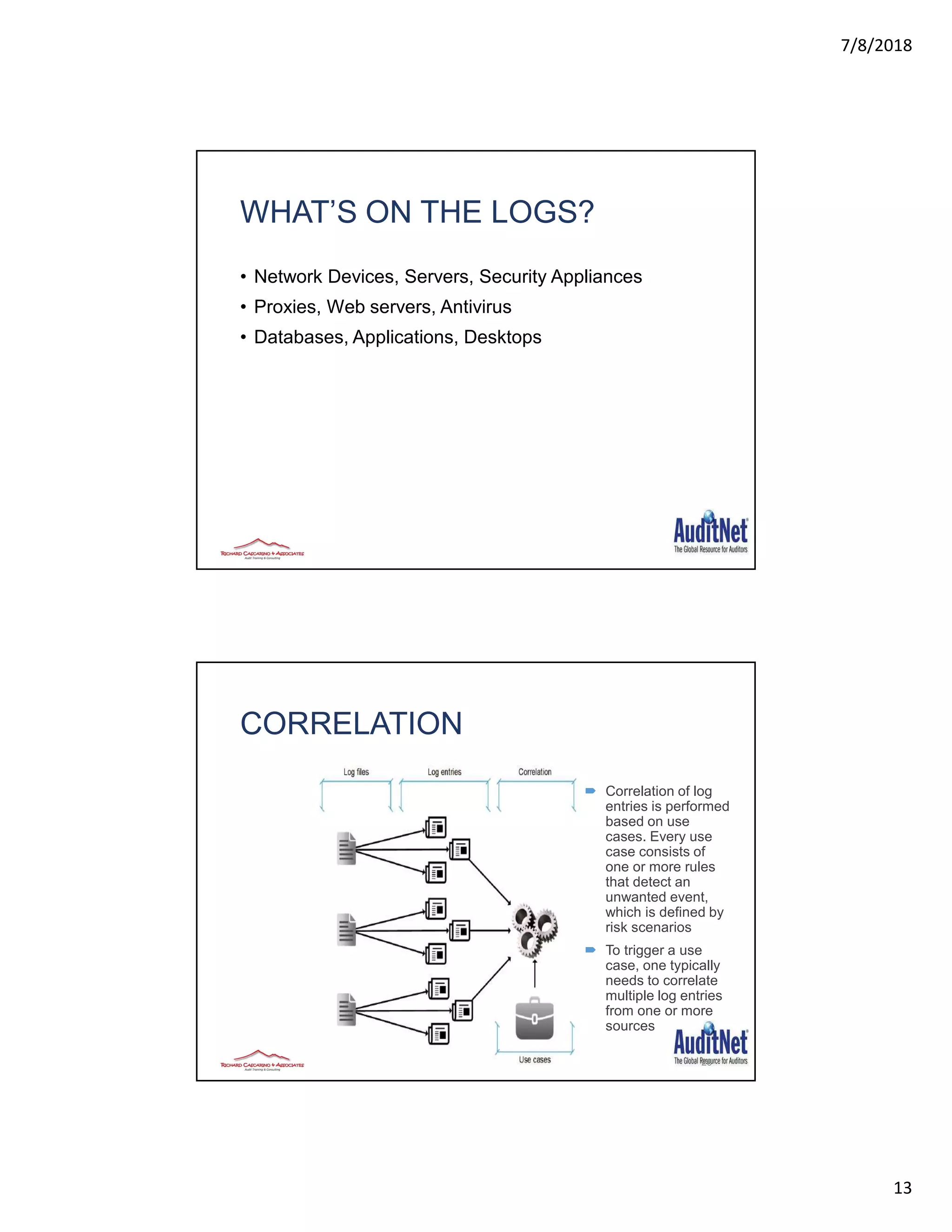 7/8/2018
13
WHAT’S ON THE LOGS?
• Network Devices, Servers, Security Appliances
• Proxies, Web servers, Antivirus
• Databases, Applications, Desktops
CORRELATION
26
 Correlation of log
entries is performed
based on use
cases. Every use
case consists of
one or more rules
that detect an
unwanted event,
which is defined by
risk scenarios
 To trigger a use
case, one typically
needs to correlate
multiple log entries
from one or more
sources
 