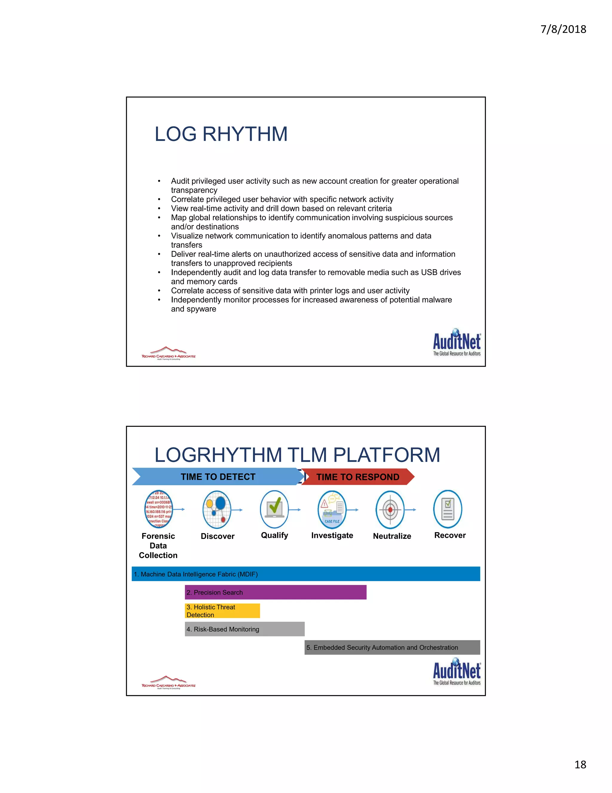 7/8/2018
18
LOG RHYTHM
• Audit privileged user activity such as new account creation for greater operational
transparency
• Correlate privileged user behavior with specific network activity
• View real-time activity and drill down based on relevant criteria
• Map global relationships to identify communication involving suspicious sources
and/or destinations
• Visualize network communication to identify anomalous patterns and data
transfers
• Deliver real-time alerts on unauthorized access of sensitive data and information
transfers to unapproved recipients
• Independently audit and log data transfer to removable media such as USB drives
and memory cards
• Correlate access of sensitive data with printer logs and user activity
• Independently monitor processes for increased awareness of potential malware
and spyware
LOGRHYTHM TLM PLATFORM
TOP 5 DIFFERENTIATORSTIME TO DETECT TIME TO RESPOND
Forensic
Data
Collection
InvestigateQualifyDiscover RecoverNeutralize
2. Precision Search
3. Holistic Threat
Detection
5. Embedded Security Automation and Orchestration
1. Machine Data Intelligence Fabric (MDIF)
4. Risk-Based Monitoring
 