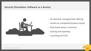 Security	
  Simula/on:	
  Soiware	
  as	
  a	
  Service	
  
Copyright	
  ©	
  2015	
  Symantec	
  Corpora;on	
  
15	
  
•  On	
  demand,	
  managed	
  SaaS	
  oﬀering	
  
•  Hands-­‐on,	
  completely	
  browser-­‐based	
  
•  Role-­‐based	
  views	
  /	
  scenarios	
  
•  Scoring	
  and	
  repor;ng	
  
•  Launching	
  1H	
  CY15	
  
 