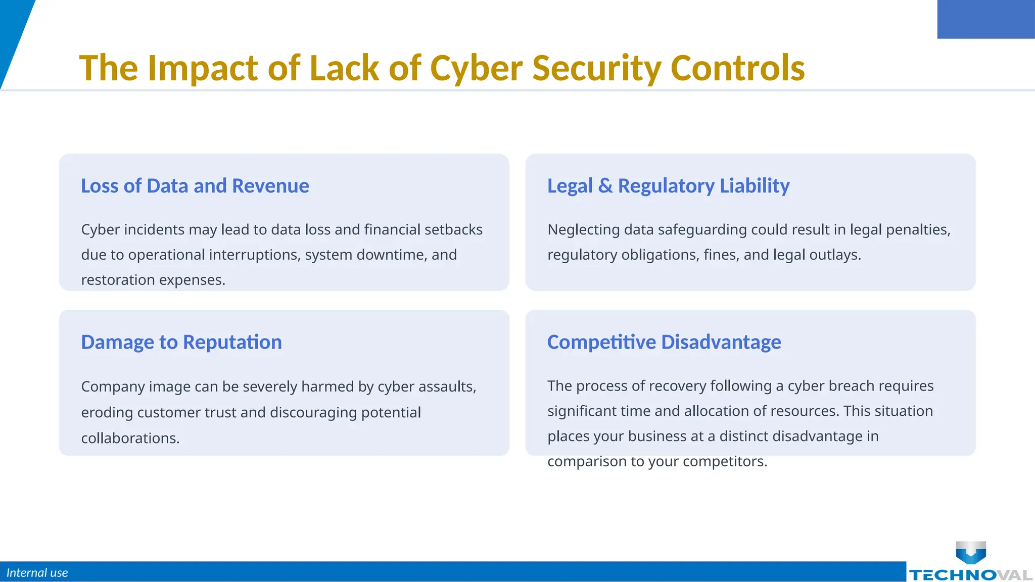 Internal use
The Impact of Lack of Cyber Security Controls
Loss of Data and Revenue
Cyber incidents may lead to data loss and financial setbacks
due to operational interruptions, system downtime, and
restoration expenses.
Legal & Regulatory Liability
Neglecting data safeguarding could result in legal penalties,
regulatory obligations, fines, and legal outlays.
Damage to Reputation
Company image can be severely harmed by cyber assaults,
eroding customer trust and discouraging potential
collaborations.
Competitive Disadvantage
The process of recovery following a cyber breach requires
significant time and allocation of resources. This situation
places your business at a distinct disadvantage in
comparison to your competitors.
 