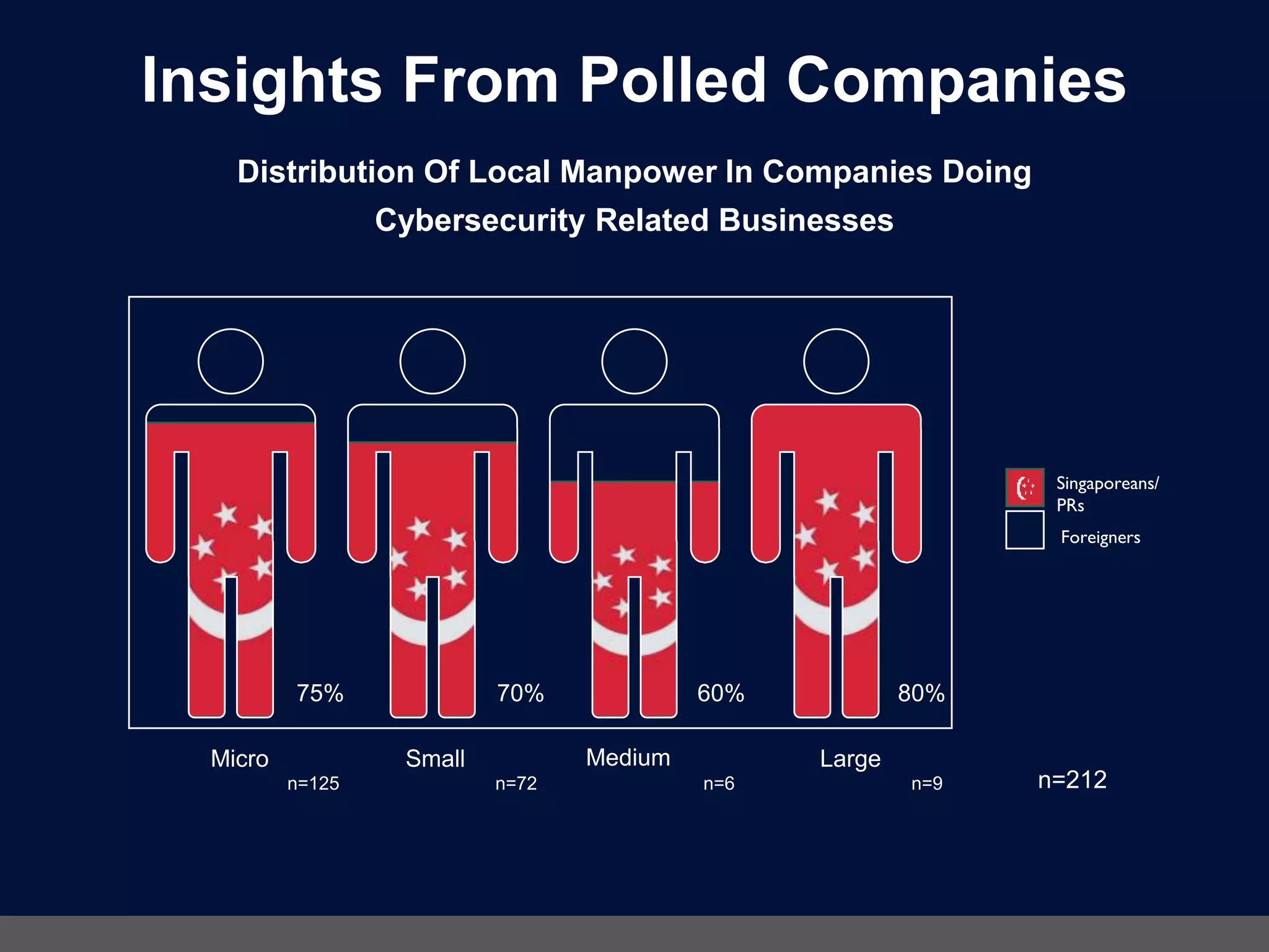 Insights From Polled Companies
Distribution Of Local Manpower In Companies Doing
Cybersecurity Related Businesses
Singaporeans/
PRs
Foreigners
n=212
75%
Small Medium LargeMicro
70% 60% 80%
n=125 n=72 n=6 n=9
 