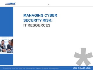 Enterprise Risk · Credit Risk · Market Risk · Operational Risk · Regulatory Compliance · Securities Lending
16
JOIN. ENGAGE. LEAD.
MANAGING CYBER
SECURITY RISK:
IT RESOURCES
 