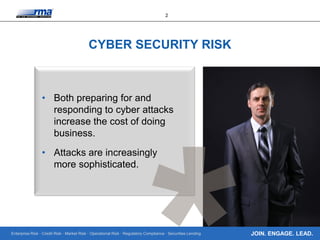 Enterprise Risk · Credit Risk · Market Risk · Operational Risk · Regulatory Compliance · Securities Lending
2
JOIN. ENGAGE. LEAD.
CYBER SECURITY RISK
• Both preparing for and
responding to cyber attacks
increase the cost of doing
business.
• Attacks are increasingly
more sophisticated.
 