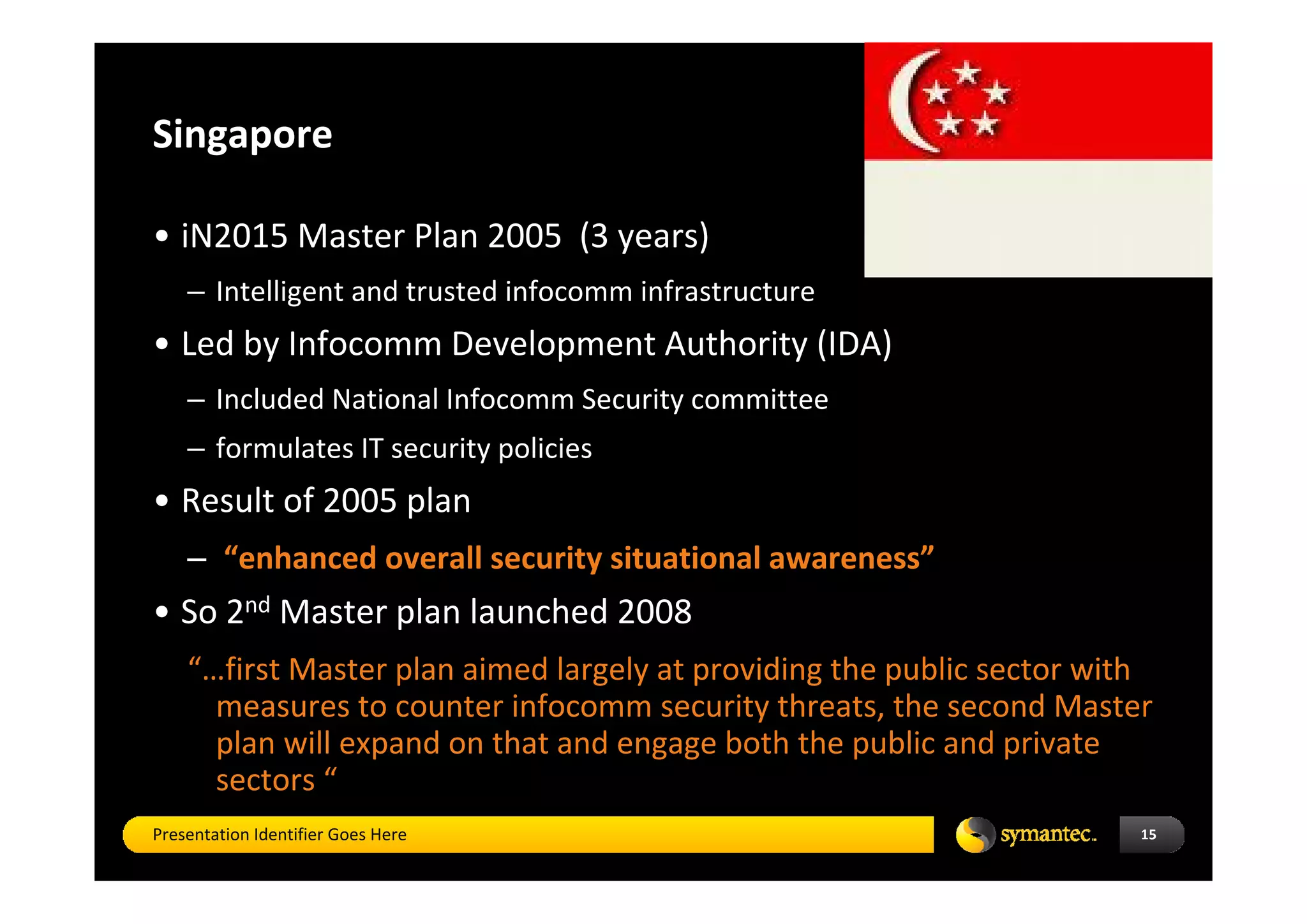 Singapore 

• iN2015 Master Plan 2005  (3 years)
    – Intelligent and trusted infocomm infrastructure
• Led by Infocomm Development Authority (IDA)
    – Included National Infocomm Security committee 
    – formulates IT security policies 
• Result of 2005 plan
    – “enhanced overall security situational awareness”
• So 2nd Master plan launched 2008 
    “…first Master plan aimed largely at providing the public sector with 
      measures to counter infocomm security threats, the second Master
      plan will expand on that and engage both the public and private 
      sectors “
Presentation Identifier Goes Here                                        15
 