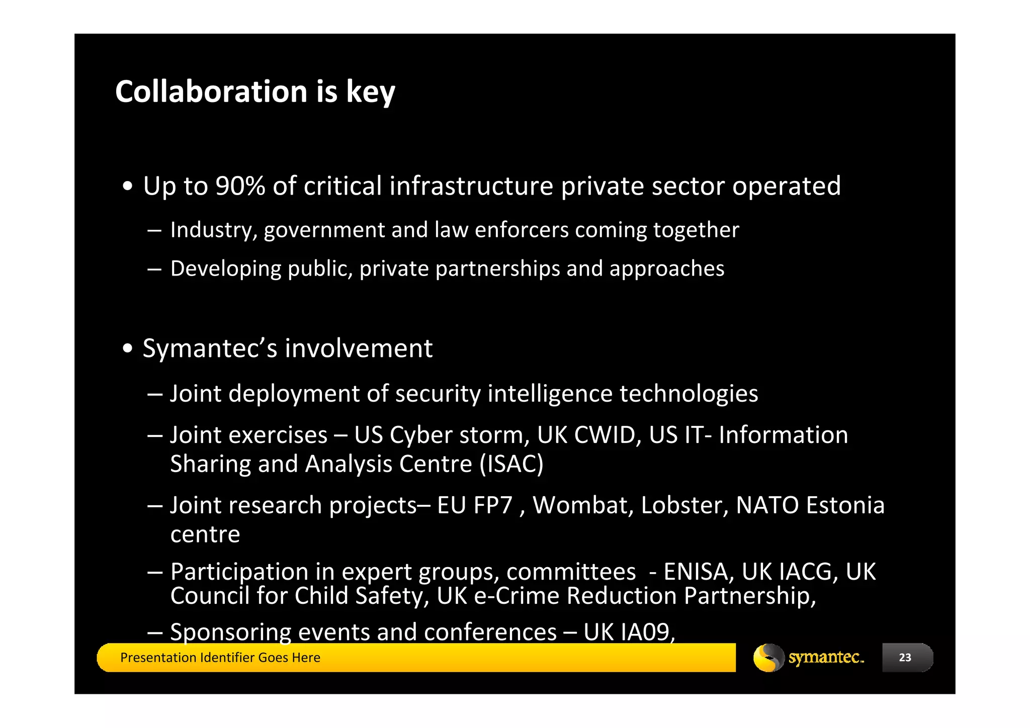 Collaboration is key 

• Up to 90% of critical infrastructure private sector operated
    – Industry, government and law enforcers coming together
    – Developing public, private partnerships and approaches


• Symantec’s involvement
    – Joint deployment of security intelligence technologies
    – Joint exercises – US Cyber storm, UK CWID, US IT‐ Information 
      Sharing and Analysis Centre (ISAC) 
    – Joint research projects– EU FP7 , Wombat, Lobster, NATO Estonia 
      centre
    – Participation in expert groups, committees  ‐ ENISA, UK IACG, UK 
      Council for Child Safety, UK e‐Crime Reduction Partnership, 
    – Sponsoring events and conferences – UK IA09, 
Presentation Identifier Goes Here                                         23
 