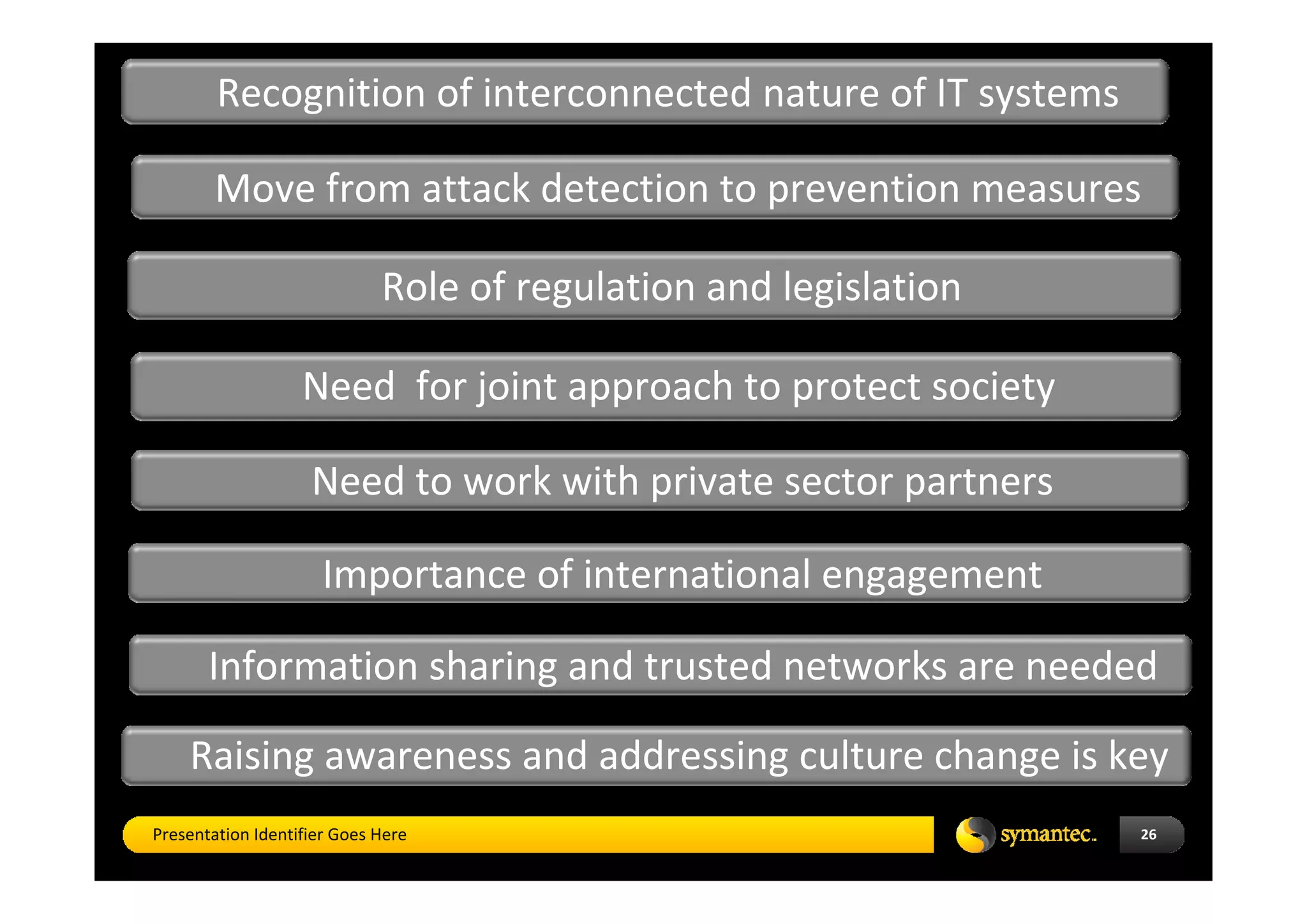 Recognition of interconnected nature of IT systems

        Move from attack detection to prevention measures

                             Role of regulation and legislation 

                   Need  for joint approach to protect society

                    Need to work with private sector partners

                      Importance of international engagement

       Information sharing and trusted networks are needed

    Raising awareness and addressing culture change is key
Presentation Identifier Goes Here                                  26
 