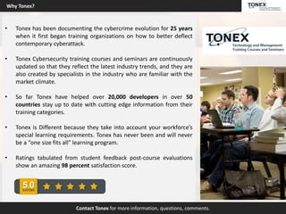 • Tonex has been documenting the cybercrime evolution for 25 years
when it first began training organizations on how to better deflect
contemporary cyberattack.
• Tonex Cybersecurity training courses and seminars are continuously
updated so that they reflect the latest industry trends, and they are
also created by specialists in the industry who are familiar with the
market climate.
• So far Tonex have helped over 20,000 developers in over 50
countries stay up to date with cutting edge information from their
training categories.
• Tonex is Different because they take into account your workforce’s
special learning requirements. Tonex has never been and will never
be a “one size fits all” learning program.
• Ratings tabulated from student feedback post-course evaluations
show an amazing 98 percent satisfaction score.
Contact Tonex for more information, questions, comments.
Why Tonex?
 