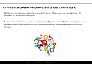 ramirocid.com ramiro@ramirocid.com Twitter: @ramirocid
Exploiting client‐side software vulnerabilities has become significantly more difficult in recent years, thereby increasing the 
development cost of generic and reliable exploits.
To successfully penetrate the latest operating systems (for example, a fully patched Microsoft Edge browser running on the 64‐bit 
Windows 10 operating system), attackers must often combine several high‐quality vulnerabilities with advanced exploitation 
techniques.
3. Vulnerability exploits on Windows cool down as other platforms heat up
 