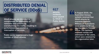 DISTRIBUTED DENIAL
OF SERVICE (DDoS) 617
security
incidents
were caused
by DDoS in
Public Sector.
Source: Verizon DBIR 2017
DDoS attacks are intended to
compromise the availability of
networks and systems by
overwhelming the traffic, resulting in
perfomance degradation or
interruption of services.
Public sector experienced a huge
number of DDoS attacks.
9
“In August 2016, the
Australian Census
website received four
DDoS attacks by
overseas hackers.
Millions of Australians
were unable to fill out
the mandatory Census
online. The hackers
exposed names and
addresses of the users,
which were retained by
the organization later.
 