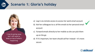 Scenario 1: Gloria’s holiday
What should she do?

I may be going away
but I still need to
keep on top of what’s
happening
a) Log in via remote access to access her work email account
b) Ask her colleagues to cc all the emails to her personal email
account
c) Forward emails directly to her mobile so she can pick them
up on the go
d) If it’s important, her team should call her instead – it’s more
secure
 