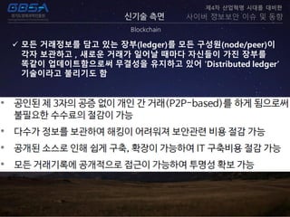 신기술 측면
Blockchain
제4차 산업혁명 시대를 대비한
사이버 정보보안 이슈 및 동향
 모든 거래정보를 담고 있는 장부(ledger)를 모든 구성원(node/peer)이
각자 보관하고 , 새로운 거래가 일어날 때마다 자신들이 가진 장부를
똑같이 업데이트함으로써 무결성을 유지하고 있어 'Distributed ledger’
기술이라고 불리기도 함
 