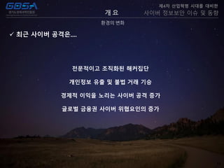15
 최근 사이버 공격은....
환경의 변화
제4차 산업혁명 시대를 대비한
사이버 정보보안 이슈 및 동향개 요
전문적이고 조직화된 해커집단
개인정보 유출 및 불법 거래 기승
경제적 이익을 노리는 사이버 공격 증가
글로벌 금융권 사이버 위협요인의 증가
 