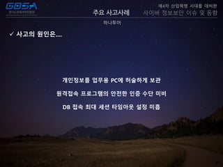 24
주요 사고사례
하나투어
제4차 산업혁명 시대를 대비한
사이버 정보보안 이슈 및 동향
개인정보를 업무용 PC에 허술하게 보관
원격접속 프로그램의 안전한 인증 수단 미비
DB 접속 최대 세션 타임아웃 설정 미흡
 사고의 원인은....
 