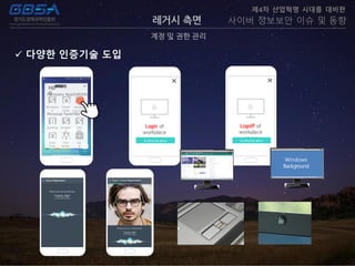 레거시 측면
계정 및 권한 관리
제4차 산업혁명 시대를 대비한
사이버 정보보안 이슈 및 동향
 다양한 인증기술 도입
Login of
workplace
on pcAuthentication
FFID
O
SWorkplac
e
Company Applications
Personal Favorites
OOracle
HCM
BBanking
SShoppin
g
OnePassOnePass
PRemote
Log in-off
Ad
d
SOne
SNS
DDuty
Free
WOne
Wallet
Logoff of
workplace
on pcAuthentication
http://192.168.0.88:8080/iam-
saas/portal_main.html
http://192.168.0.88:8080/iam-
saas/portal_main.html
Windows
Background
 
