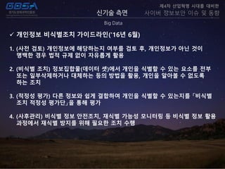 신기술 측면
Big Data
제4차 산업혁명 시대를 대비한
사이버 정보보안 이슈 및 동향
 개인정보 비식별조치 가이드라인('16년 6월)
1. (사전 검토) 개인정보에 해당하는지 여부를 검토 후, 개인정보가 아닌 것이
명백한 경우 법적 규제 없이 자유롭게 활용
2. (비식별 조치) 정보집합물(데이터 셋)에서 개인을 식별할 수 있는 요소를 전부
또는 일부삭제하거나 대체하는 등의 방법을 활용, 개인을 알아볼 수 없도록
하는 조치
3. (적정성 평가) 다른 정보와 쉽게 결합하여 개인을 식별할 수 있는지를 「비식별
조치 적정성 평가단」을 통해 평가
4. (사후관리) 비식별 정보 안전조치, 재식별 가능성 모니터링 등 비식별 정보 활용
과정에서 재식별 방지를 위해 필요한 조치 수행
 