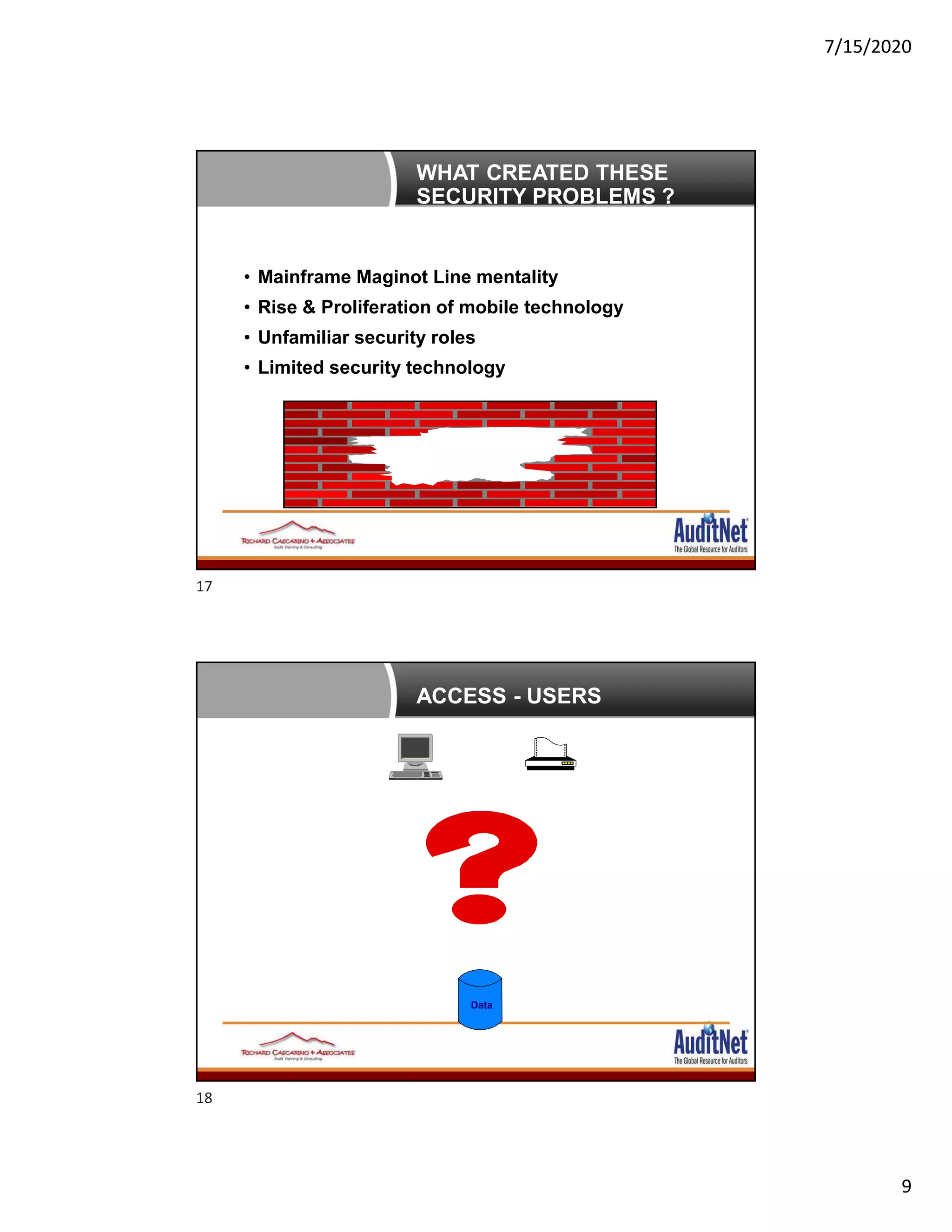 7/15/2020
9
WHAT CREATED THESE
SECURITY PROBLEMS ?
• Mainframe Maginot Line mentality
• Rise & Proliferation of mobile technology
• Unfamiliar security roles
• Limited security technology
ACCESS - USERS
Data
17
18
 