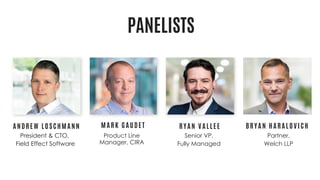 ANDRE W LOSCHM ANN M A RK G A U DE T RYAN VALLE E
PANELISTS
BRYAN HARALOVICH
Partner,
Welch LLP
President & CTO,
Field Effect Software
Product Line
Manager, CIRA
Senior VP,
Fully Managed
 