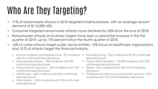 Who Are They Targeting?
• 71% of ransomware attacks in 2018 targeted small businesses, with an average ransom
demand of $116,000 USD.
• Consumer-targeted ransomware attacks have declined by 33% since the end of 2018.
• Ransomware attacks on business targets have seen a substantial increase in the first
quarter of 2019, up by 195 percent since the fourth quarter of 2018.
• 16% of cyber-attacks target public sector entities, 15% focus on healthcare organizations,
and 10 % of attacks target the financial industry.
•
•
•
•
•
•
•
•
•
 