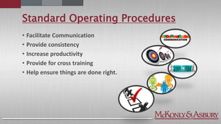 Standard Operating Procedures
• Facilitate Communication
• Provide consistency
• Increase productivity
• Provide for cross training
• Help ensure things are done right.
 