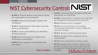 NIST Cybersecurity Controls
• ID.AM-1: Physical devices and systems within
the organization are inventoried.
• ID.AM-4: External information systems are
catalogued.
• ID.GV-1: Organizational information security
policy is established.
• ID.RA-1: Asset vulnerabilities are identified
and documented.
• ID.RA-4: Potential business impacts and
likelihoods are identified.
• ID.RA-6: Risk responses are identified and
prioritized.
• ID.AM-1: Physical devices and systems within the
organization are inventoried.
• ID.AM-4: ExternaPR.AC-1: Identities and credentials
are managed for authorized devices and users.
• PR.AC-3: Remote access is managed.
• PR.AC-4: Access permissions are managed,
incorporating the principles of least privilege and
separation of duties.
• PR.AT-1: All users are informed and trained.
• PR.AT-2: Privileged users understand roles &
responsibilities.
• PR.IP-6: Data is destroyed according to policy.
• PR.IP-9: Response plans (Incident Response and
Business Continuity) and recovery plans (Incident
Recovery and Disaster Recovery) are in place and
managed.*THIS IS A SAMPLE
 