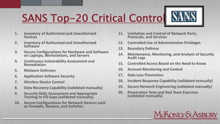 SANS Top-20 Critical Controls
1. Inventory of Authorized and Unauthorized
Devices
2. Inventory of Authorized and Unauthorized
Software
3. Secure Configurations for Hardware and Software
on Laptops, Workstations, and Servers
4. Continuous Vulnerability Assessment and
Remediation
5. Malware Defenses
6. Application Software Security
7. Wireless Device Control
8. Data Recovery Capability (validated manually)
9. Security Skills Assessment and Appropriate
Training to Fill Gaps (validated manually)
10. Secure Configurations for Network Devices such
as Firewalls, Routers, and Switches
11. Limitation and Control of Network Ports,
Protocols, and Services
12. Controlled Use of Administrative Privileges
13. Boundary Defense
14. Maintenance, Monitoring, and Analysis of Security
Audit Logs
15. Controlled Access Based on the Need to Know
16. Account Monitoring and Control
17. Data Loss Prevention
18. Incident Response Capability (validated manually)
19. Secure Network Engineering (validated manually)
20. Penetration Tests and Red Team Exercises
(validated manually)
 