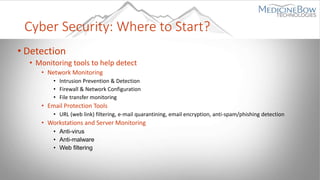 Cyber Security: Where to Start?
• Detection
• Monitoring tools to help detect
• Network Monitoring
• Intrusion Prevention & Detection
• Firewall & Network Configuration
• File transfer monitoring
• Email Protection Tools
• URL (web link) filtering, e-mail quarantining, email encryption, anti-spam/phishing detection
• Workstations and Server Monitoring
• Anti-virus
• Anti-malware
• Web filtering
 