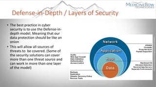 Defense-in-Depth / Layers of Security
• The best practice in cyber
security is to use the Defense-in-
depth model. Meaning that our
data protection should be like an
onion
• This will allow all sources of
threats to be covered. (Some of
the security solutions can cover
more than one threat source and
can work in more than one layer
of the model)
http://www.nedocs.com/blog/data-breach-statistics
 