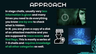 In stego challs, usually very less
information is given and many
times you need to do everything
you know one by one to check
what is hidden.
In IR, you are given a copy of a disk
of an attacked machine and you
are supposed to trace events and
find flags. This is mostly a series of
7-8 challs and requires knowledge
of all other categories as well.
 