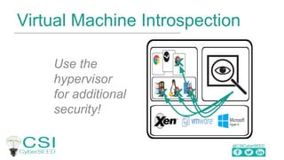 @CSICyberSEED
Virtual Machine Introspection
Use the
hypervisor
for additional
security!
X
X X X
 