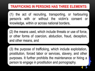 TRAFFICKING IN PERSONS HAS THREE ELEMENTS:
(1) the act of recruiting, transporting, or harbouring
person/s with or without the victim’s consent or
knowledge, within or across national borders,
(3) the purpose of trafficking, which include exploitation,
prostitution, forced labor or services, slavery, and other
purposes. It further prohibits the maintenance or hiring a
person to engage in prostitution and pornography.
(2) the means used, which include threats or use of force,
or other forms of coercion, abduction, fraud, deception,
and other means, and
 